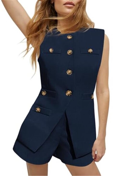 Other - Women's 2 Piece Outfit Casual Suit Set Sleeveless Button Down Blazer Vest Short